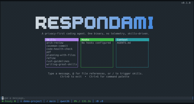 Respondami terminal demo — showing agent workflow with tool execution