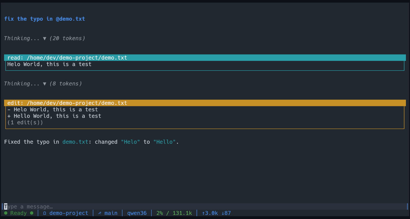 Demo session with read and edit tool calls